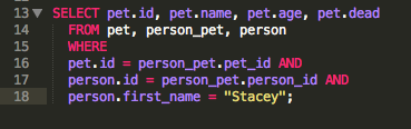 Using conditions to find all the pets owned by the person named "Stacey"
